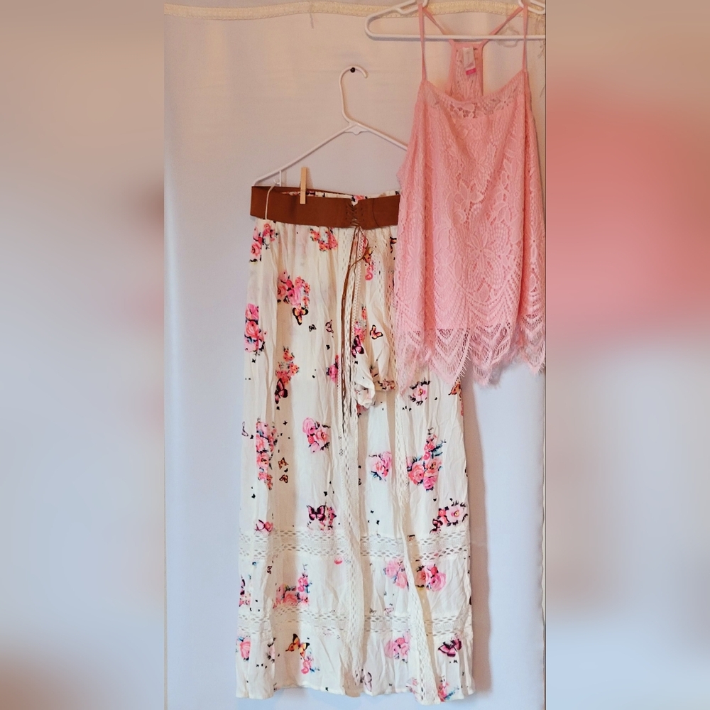 No Boundaries Cream Pink Midi Skirt Tie Front Tiered